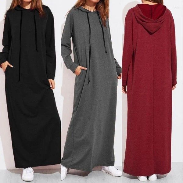 Casual Kleider Langarm Mit Kapuze Hoodie Kleid Für Frauen Kordelzug Dubai Abayas Türkei Kaftan Lose Tasche Femme Islam Kleidung