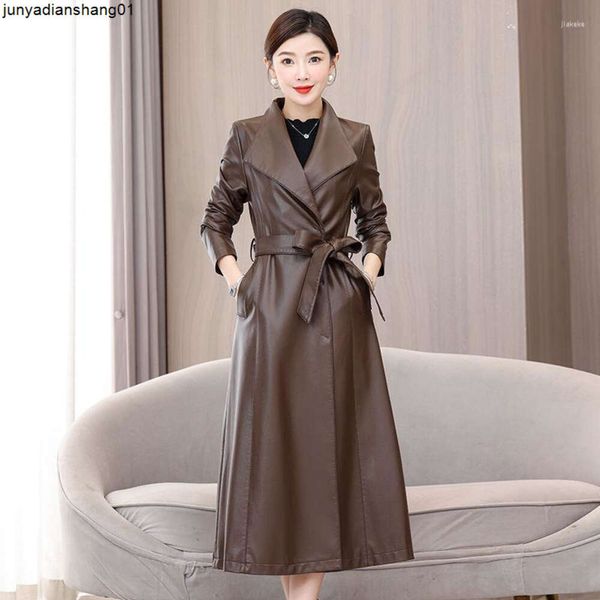 Damen-Leder-Casual-Revers-lange Jacken für Damenbekleidung, brauner Faux-Lenther-Trenchcoat mit Gürtel, Frühling und Herbst, schlankmachend, M-5XL