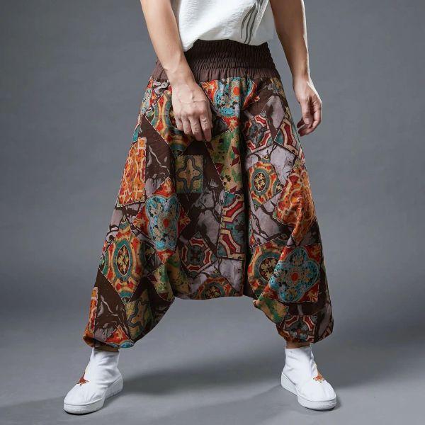 Pantaloni Pantaloni incrociati in lino di cotone Pantaloni indiani Nepal a gamba larga Pantaloni larghi con stampa cavallo basso Pantaloni streetwear Hip Hop