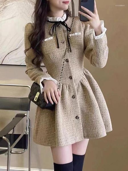 Abiti casual Stile coreano Elegante vestito intero da donna Fiocco arricciato Dolce moda femminile Patchwork Abiti da festa chic 2024
