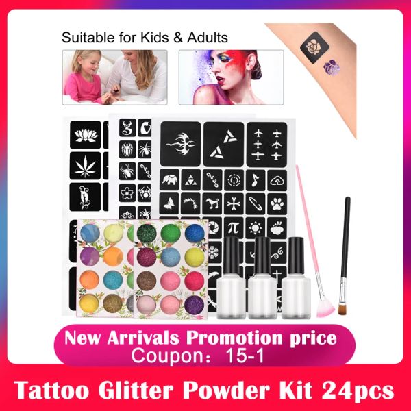 Kits novo kit de pó de glitter 24 garrafas de pó de glitter luminoso tatuagem arte corporal maquiagem rosto arte de unhas pó de tatuagem temporária