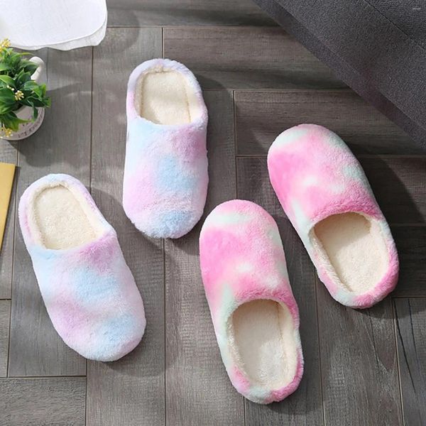 Hausschuhe 2024 Frauen Winter Indoor Warme Paare Mode Tie-Dye Nicht-slip Weichen Boden Baumwolle Schuhe Komfort Schlafzimmer