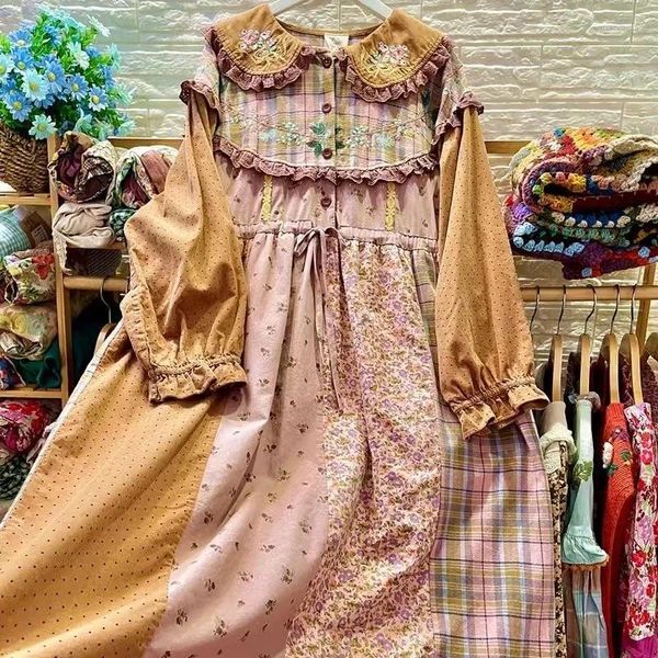 Vestidos casuais mori menina algodão linho cottagecore retalhos manga longa midi vestido outono vintage retro chique renda colar kawaii