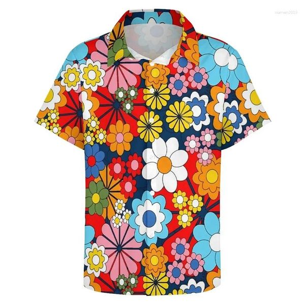 Camisas casuais masculinas blusas gráficas de flores coloridas para roupas masculinas brilhantes florais impressão 3d praia férias estéticas y2k manga curta tops de menino
