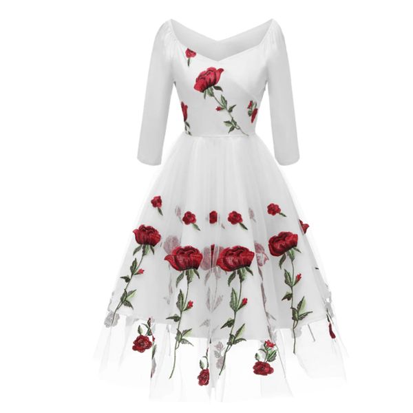 Kleid 2022 Neues elegantes Rosenstickerei-Partykleid für Frauen Vintage 70er Jahre mexikanisches ethnisches Blumen-Boho-Midi-Schulterkleid für den Abend