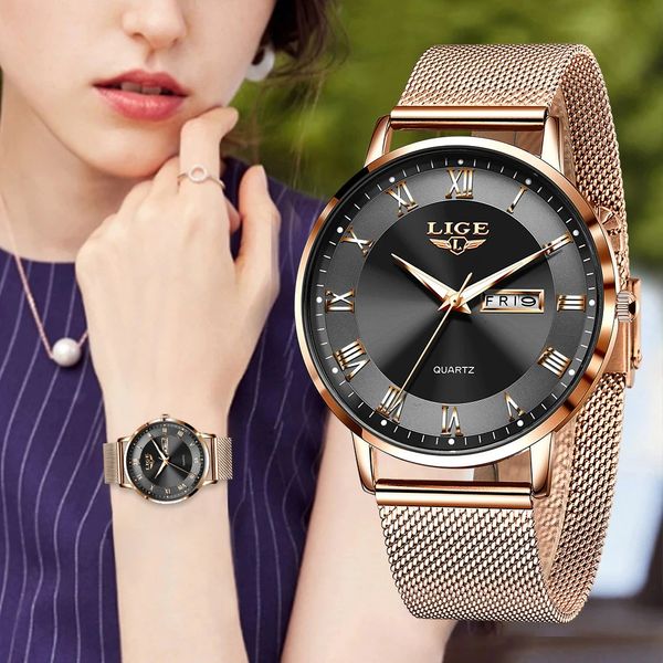 Lige relógio feminino pulseira de quartzo movimento simples à prova dwaterproof água rosa ouro malha aço inoxidável senhoras relógios relogio feminino 240228
