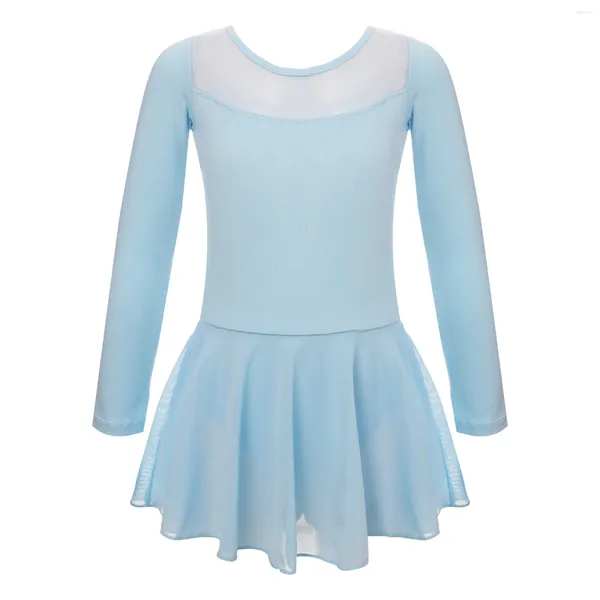 Bühnenkleidung Kinder Mädchen Sheer Mesh Patchwork Ballett Kleid Langarm Trikot Kleider Dancewear Tanzpraxis Syage Performance Kostüme