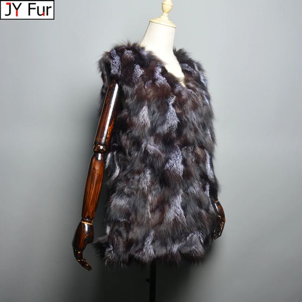 Pelz Frauen Natürliche Echte Silber Fuchs Weste Winter Warme Casual Gilet Mantel Marke Mode Flauschigen Fell Weste Gewohnheit Irgendeine Größe