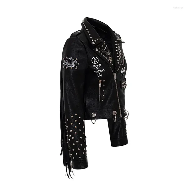 Мотоциклетная одежда, женская кожаная куртка из искусственного материала, короткие заклепки с украшением и кисточками, женское байкерское пальто