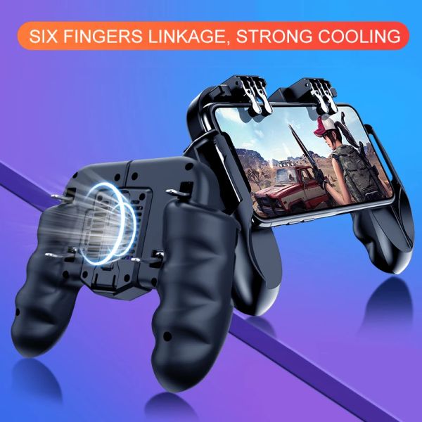 Gamepads Seis Dedos AllinOne PUBG Mobile Game Controller Free Fire Key Button Joystick com Cool Fan Gamepad L1 R1 PUBG Trigger 3 tipo