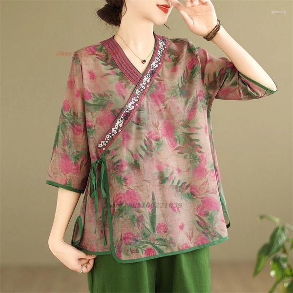 Roupas étnicas 2024 Chinês Melhorado Blusa Nacional Flor Bordado Impressão V-Pescoço Tradicional Algodão Linho Meditação Zen Camisa Solta