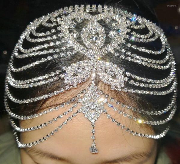 Palco desgaste luxo strass barriga dança mostrar tiara testa corrente cheia de diamantes longo borla headband acessórios de desempenho