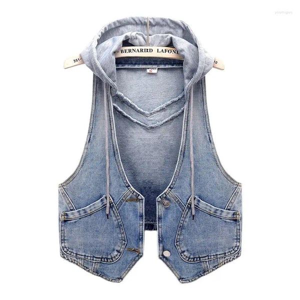 Frauenwesten Fashion Design Denim Weste weibliche Sommer Herbst Ärmellose Kurzjacke mit Kapuze lose koreanische Weste Außenbekleidung