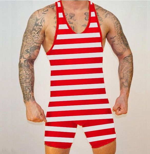 Mulheres Swimwear Mens Color Stripe Apertado Terno Homem One-Piece Wrestling Singlet Powered Earotics Bodybuilding Jersey G8021