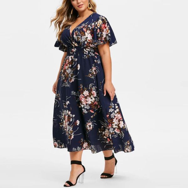 Vestido 2023 plus size 3xl 4xl 5xl vestido feminino floral chiffon flor vestido solto boêmio praia vestidos de verão urbano cigano ropa vestidos