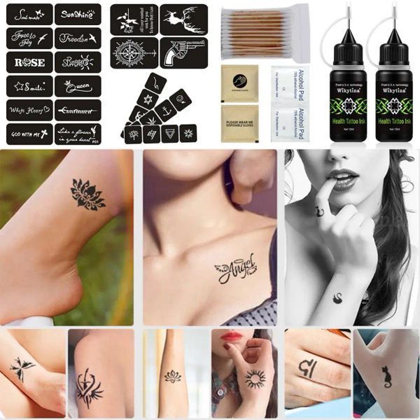 Kit de tatuagem temporária de tintas, conjunto de tatuagem semipermanente, 2 garrafas de tinta com 28 peças de estênceis de tatuagem grátis, kit completo