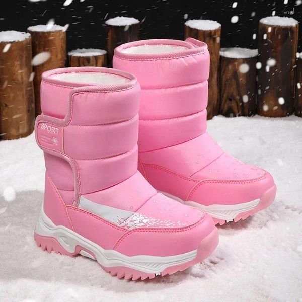 Kızın 722 Erkek Yürüyüş Ayakkabıları Kış Sıcak Kürk Astarı Kalıp Olmayan Deri Kar Ayak Bileği Düz Su Geçirmez Dış Mekan Dayanıklı Peluş Botlar Çocuklar İçin 32383