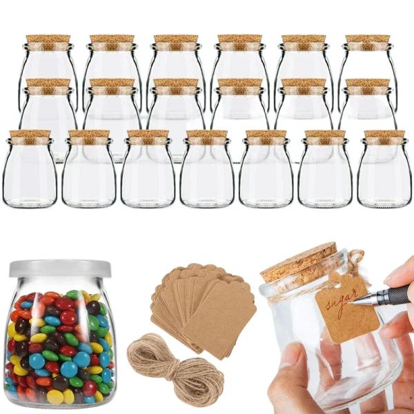 Garrafas 5 peças vazias 100/200ml frascos de armazenamento de vidro com tampas de cortiça recipientes de vidro reutilizáveis com etiquetas e cordas para geléia de pudim de vela diy