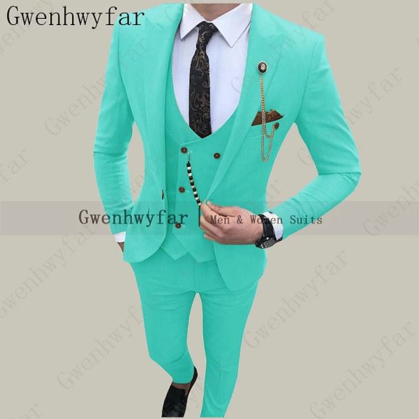 Suits gwenhwyfar moda turkuaz damat smokin tek düğme erkekler takım elbise damat düğün yemeği en iyi adam takım elbise (ceket+pantolon+yelek)