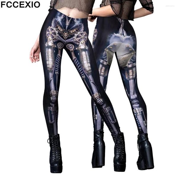 Женские леггинсы FCCEXIO, ретро-принт с роботом, женские сексуальные леггинсы в стиле панк, с высокой талией, эластичные брюки, колготки для фитнеса и тренировок, вечерние брюки