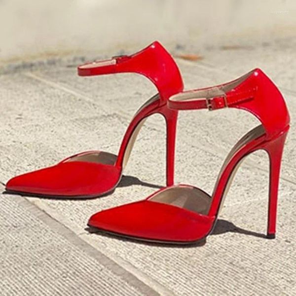 Sapatos de vestido v corte tornozelo cinta salto alto vermelho amarelo patente capa de couro saltos ocos bomba de noite 12cm 10cm 8cm plus size 46