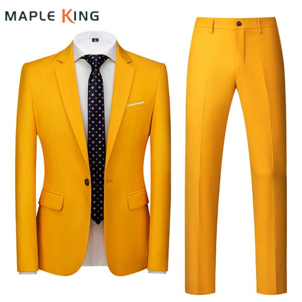 Suits 2pcs erkekler için sarı düğün takımları blazer klasik zarif sosyal iş blazer+pantolonlar