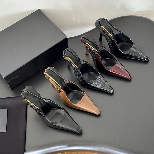 Nuovo sandalo slingback in pelle specchiata pantofola con tacco a spillo fibbia da donna designer di lusso estate sexy abito da festa scarpe mocassino da sera tacco alto 7-9 cm