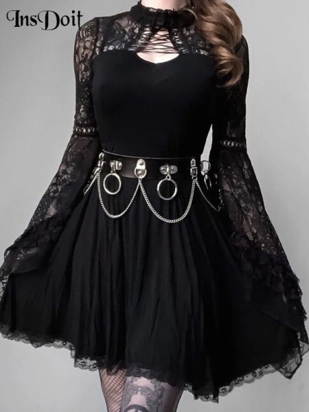 Elbiseler insdoit gotik dantel patchwork siyah mini elbise kadınlar parlama kolu aline elbise parti giyim estetik yüksek bel elbise