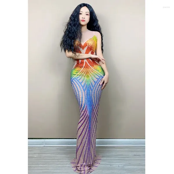 Palco desgaste colorido strass sexy magro vestido longo sem mangas transparente malha estiramento outfit modelo passarela cantor anfitrião traje