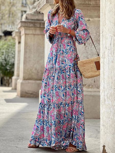 Abiti estivi Abito vintage con scollo a V a tunica con orlo Abito da donna elegante Abito da spiaggia fluido Moda Donna Manica a 3/4 Abito bohemien con stampa floreale