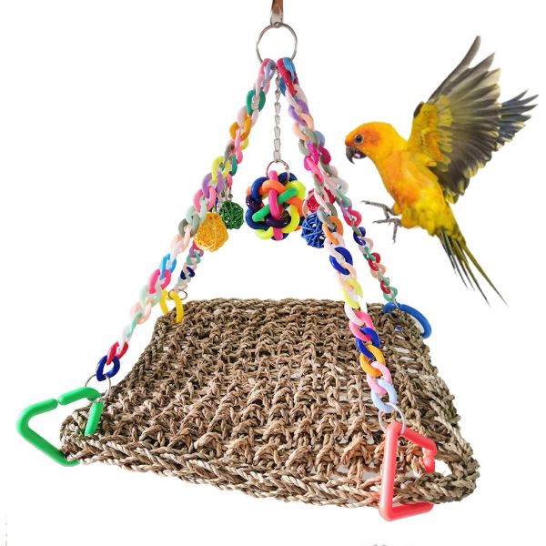 Giocattoli giocattoli per pappagalli di paglia naturale, rete da arrampicata per uccelli, oscillazione delle amache, tappetino a maglie, arrampicata per pappagallo, strumento di allenamento da masticare