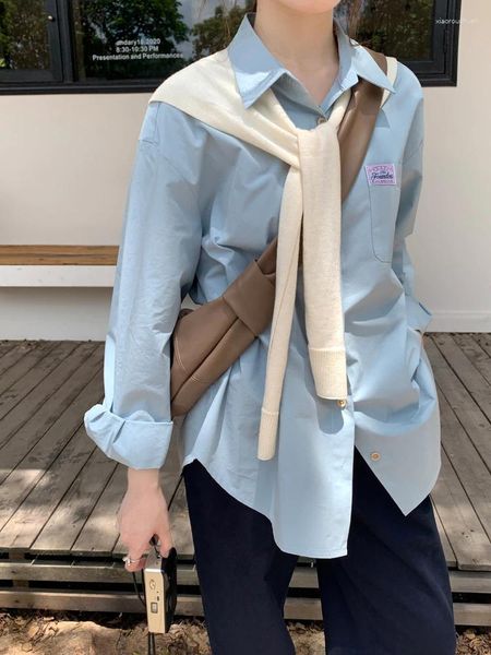 Blusas femininas 6 cores 2024 estilo coreano primavera outono manga longa blusa bolso remendo camisa feminina solta topos (x3005