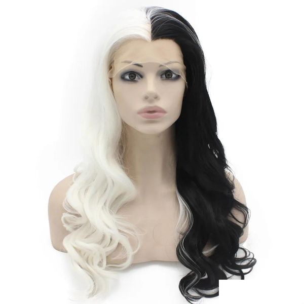 Perucas sintéticas perucas longas onduladas metade branco preto peruca dianteira do laço sintético resistente ao calor entrega da gota produtos de cabelo perucas dhzhe