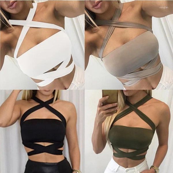 Mulheres Camisetas Camisa Mulheres Verão Crop Top Cross Halter Strapless Sexy Cor Sólida Sem Mangas Envoltório Peito Camiseta Roupas YML2153