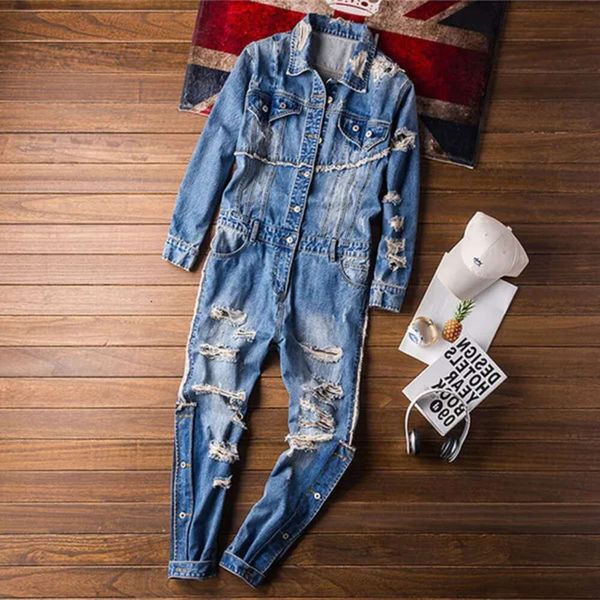 Herren Jeans High Street Männer Denim Overall Hip Hop Streetwear Loch Zerrissene Jeans Overalls Tattered Cargo Hosen Mode Fracht Hosen Purpel Jeans 136