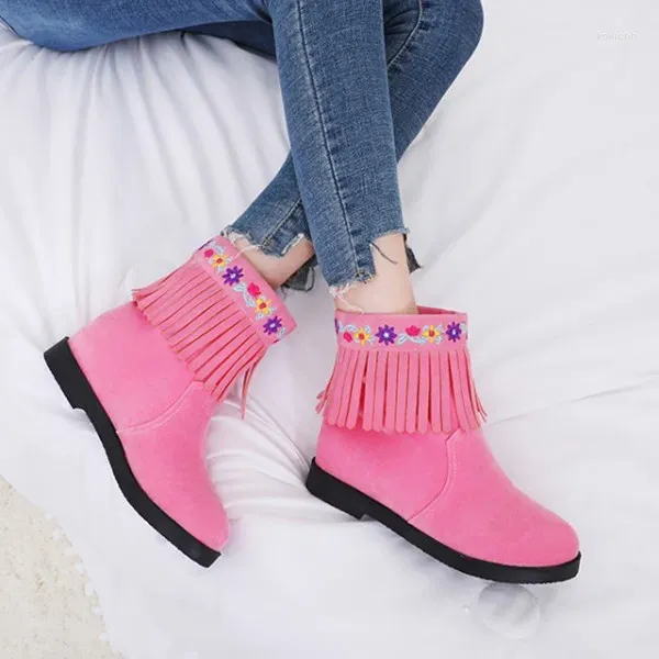 Botas Pxelena 5 cores doce meninas étnicas borla floral bordado deslizamento em salto baixo franja tornozelo 2024 outono mulheres sapatos 43