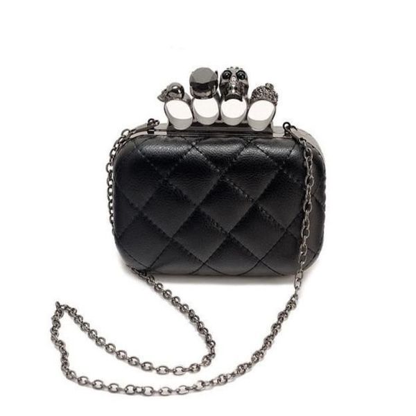 Ganz neue Vintage-Totenkopf-Geldbörse, schwarze Totenkopf-Handtasche mit Knuckle-Ringen, Clutch-Abendtasche, geneigte Umhängetasche mit Kette249H