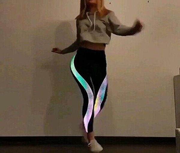 Women039s leggings casual fino iridescente material reflexivo impresso fitness estiramento elástico brilho no escuro calças 6027221