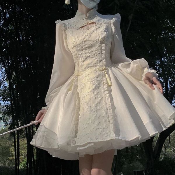 Kleid Lolita Weiß Langarm Kleider für Frauen Cheongsams Neues elegantes schlankes Fensterkleid Abschluss Vintage Kleidung Fee Schöne Spitze