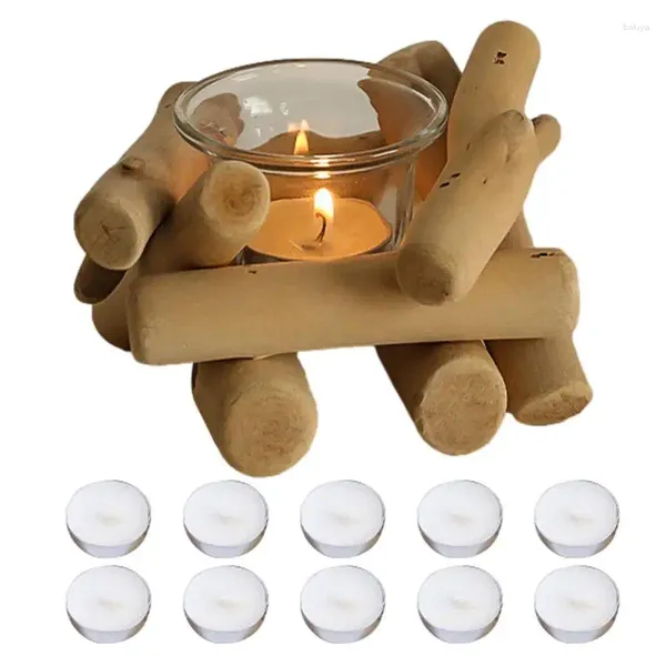 Castiçais rústicos tealight titular romântico deriva madeira chá luz suporte para mesa central com 10 velas decoração de madeira flutuante