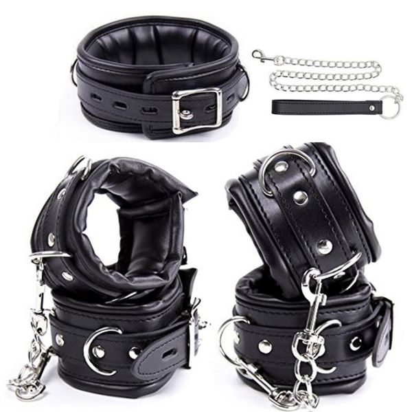 Fetiche bondage restrições macio acolchoado bondage kitblack couro do plutônio mãos punhos tornozelo punhos pescoço colar conjunto bdsm brinquedos sexuais para 7885253