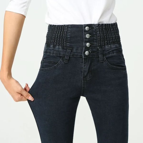 Jeans di Grandi Dimensioni 38 40 Jeans Skinny da Donna A Vita Alta in Cotone Stretch Denim Pantaloni Mamma Jeans Azzurro Nero 2020 Autunno Nuovo
