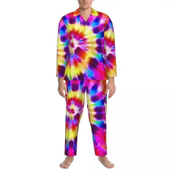 Herren-Nachtwäsche, Regenbogen-Tie-Dye-Pyjama-Sets, Herbst-Supernova, bequem, täglich, für Männer, zweiteilig, Retro-Oversize-Nachtwäsche