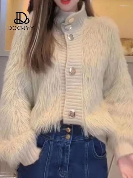 Damen Strick Herbst Winter Koreanische Strickjacke Solide Nachahmung Nerz Fleece Stehkragen Lose Vielseitig Reduziertes Alter Pullover Mantel