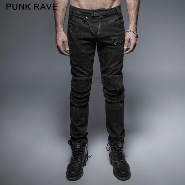 Pantolon punk rave punk rock görsel kei siyah uzun pantolon fermuar dekorasyon pantolon moda rahat zırh diz adam kot pantolon