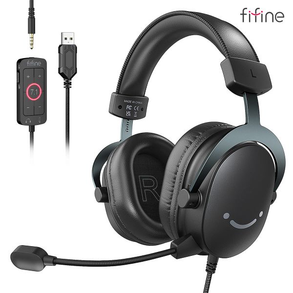 Kopfhörer FIFINE Headset, 3,5-mm-Klinkenstecker, USB-Kopfhörer mit 7.1-Surround-Sound/Lautstärkeregelung/Stummschalter für PC/MAC/PS4/PS5-MixerH9