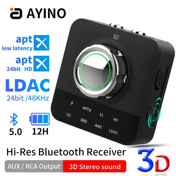 Alto-falantes Ayino LDAC Bluetooth Receptor de áudio com microfone RCA 3.5m Jack Aux 3D Música estéreo APTX HD Adaptador sem fio para TV Car Speaker MR230