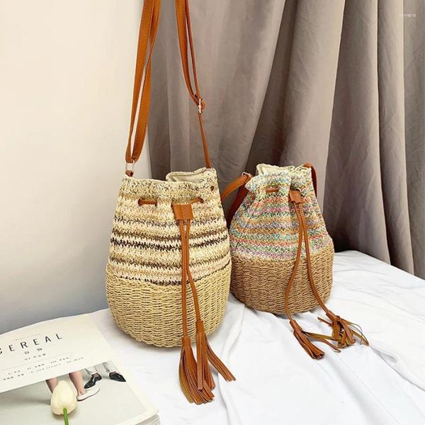 Taille Taschen Reise Stroh Getäfelten Eimer Tasche Korb Gewebt Frauen Schulter Umhängetasche Rattan Sommer Strand Quaste Messenger Handtaschen Sac