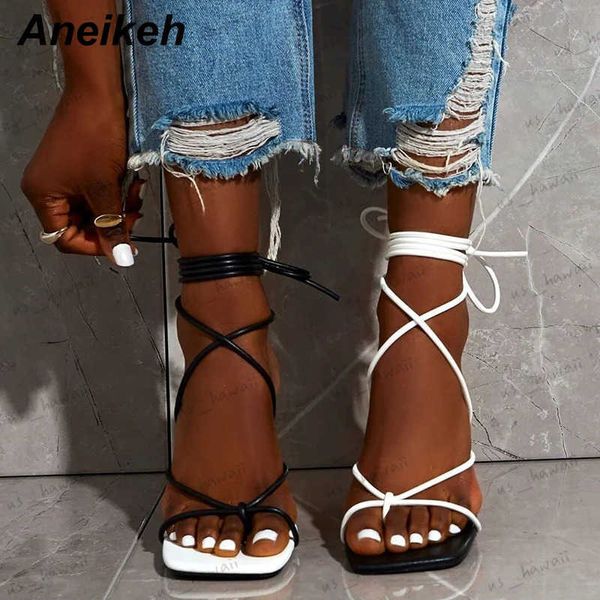 Sandalen Aneikeh 2023 Mode Sexy Lace Up Frauen Sandalen Quadratische Zehe 9 cm Dünne Ferse Kreuz Gebunden Party Schuhe Hohe ferse Schwarz Weiß Größe 35-42 T240302