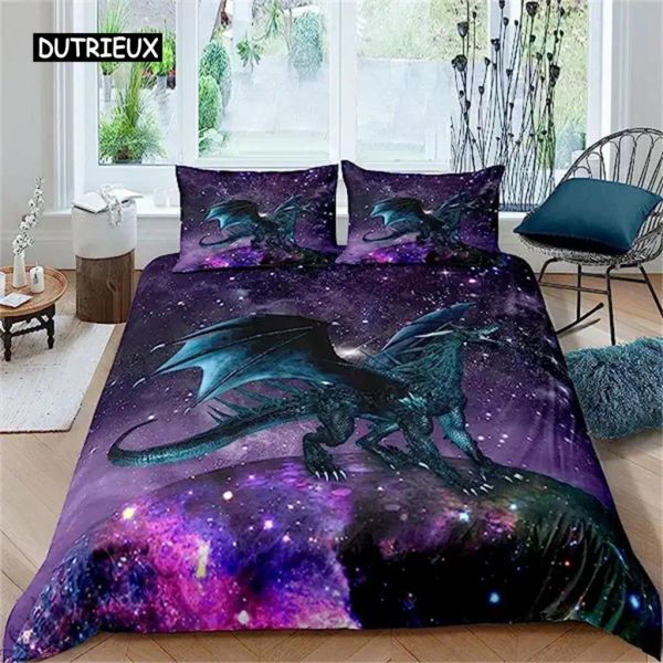 Definir Dragon Purple Nebula Duvet Capa misteriosa Espaço Examnto Cover Captrip Trippy Bedding Conjunto para crianças meninos meninas Decoração de quarto de quarto pura cortinas